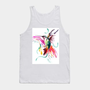 Flying Hummingbird and Abstract Flowers, Turquoise, pink watercolor bird artwork Tank Top